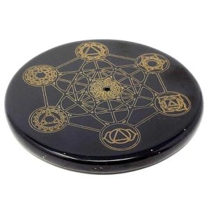 Black Agate Incense Burner with Metatron & Chakras Design